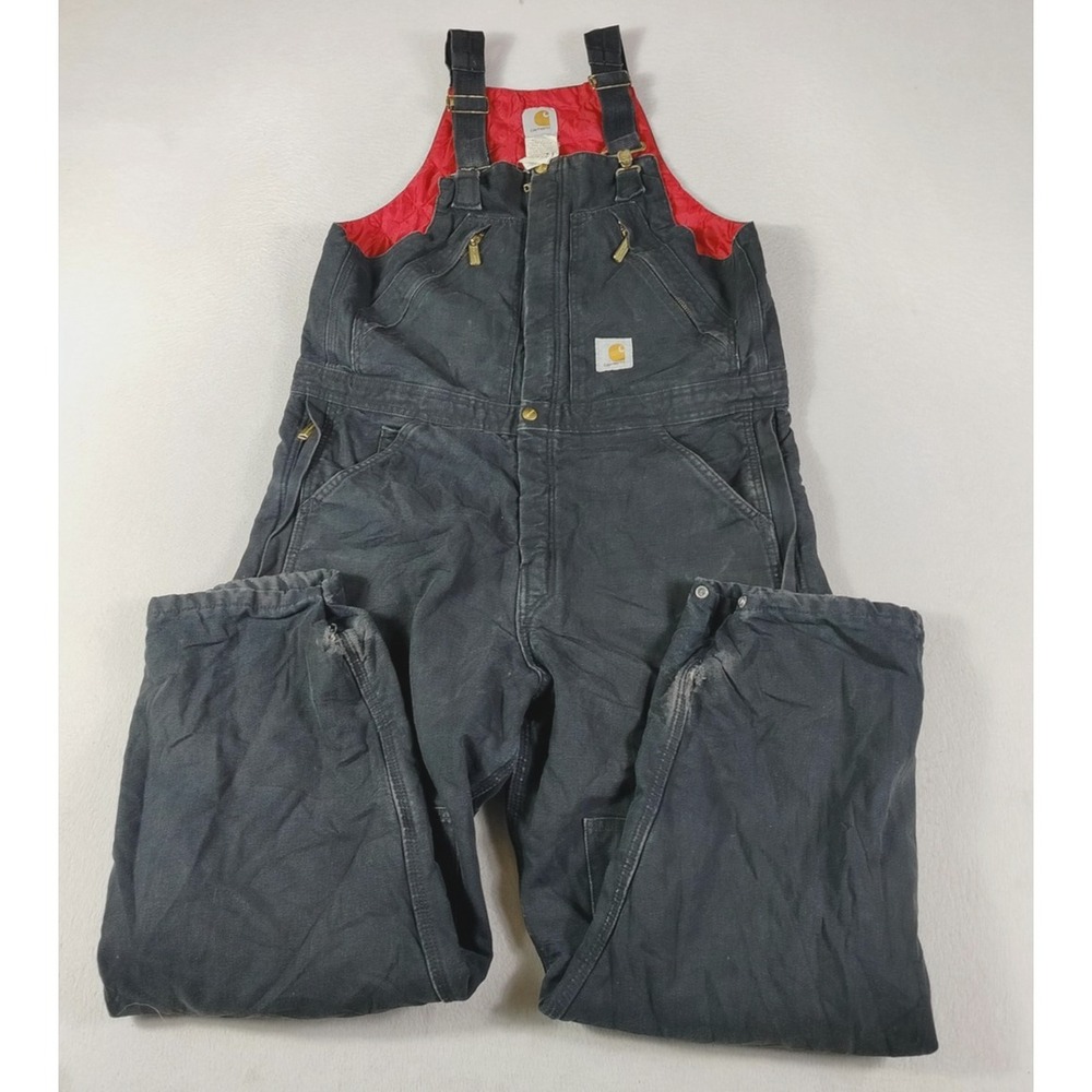 Carhartt Bib Overalls Mens 34 Black R38 Workwear Quilted Double Knee Thrashed